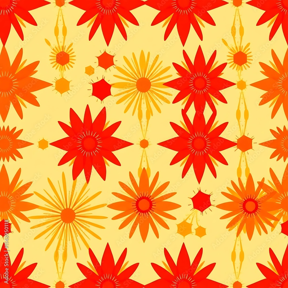 Sunshine Floral Pattern: A vibrant and cheerful seamless pattern featuring stylized red and yellow flowers on a soft yellow background, perfect for adding a touch of summery energy to your designs. Sunshine Floral Pattern: A vibrant and cheerful seamless pattern featuring stylized red and yellow flowers on a soft yellow background, perfect for adding a touch of summery energy to your designs.