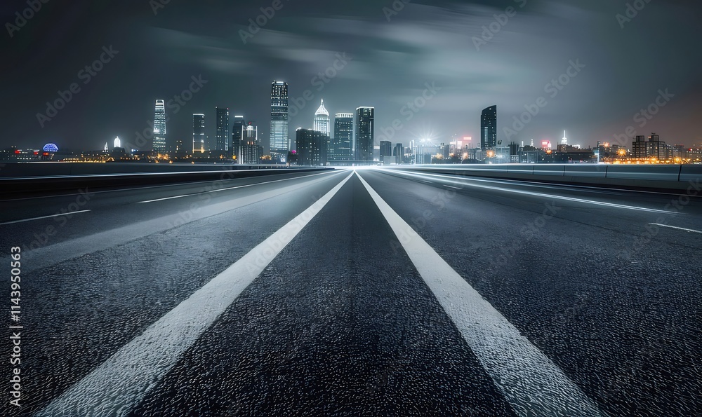Night cityscape view from empty highway. 