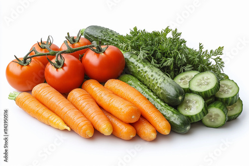 Fresh vegetables including cucumbers, tomatoes, and carrots on a white background. Generative AI