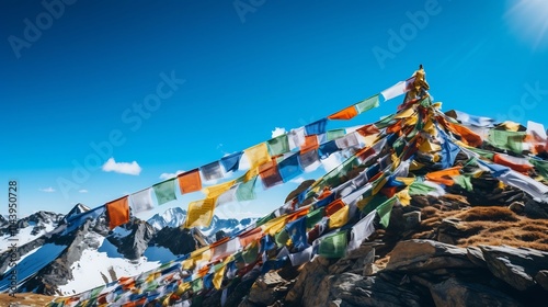 Vibrant Tibetan prayer flags fluttering in the wind on a serene mountainside with a clear blue sky backdrop  This picturesque scene captures the spiritual and cultural essence of the Himalayas