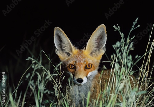 Striking Red Fox Portrait Amidst Nighttime Grassy Landscape photo