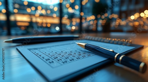 Neatly Arranged Calendar and Pen on a Minimalist Desk Setup with Empty Space for Text or Workspace Composition