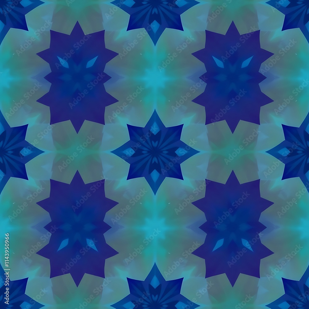 Serene Blue Kaleidoscope: Abstract seamless pattern of teal and blue starburst shapes, creating a calming and symmetrical design. Perfect for textile prints, wallpapers, and digital backgrounds. Serene Blue Kaleidoscope: Abstract seamless pattern of teal and blue starburst shapes, creating a calming and symmetrical design. Perfect for textile prints, wallpapers, and digital backgrounds.