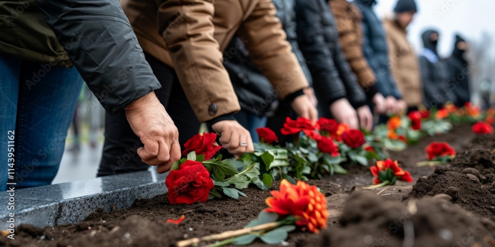People placing red flowers on the ground to honor memory, symbolizing respect, mourning, and collective remembrance. People placing red flowers on the ground to honor memory, symbolizing respect, mourning, and collective remembrance.