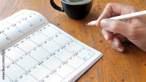 Event planner timetable agenda plan on year 2024 schedule event. Business woman checking planner on mobile phone, taking note on calendar desk on office table. Calendar event plan, work planning