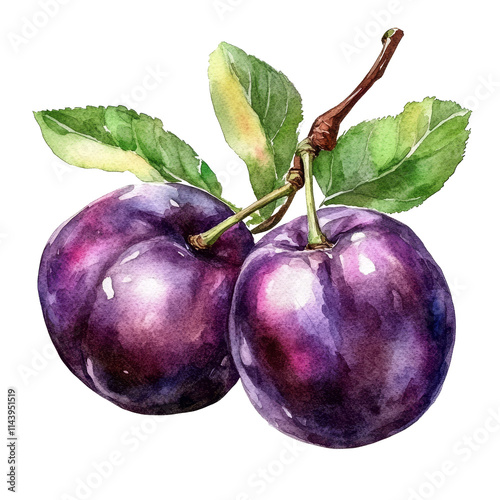 Watercolor drawing of plums with green leaves on a clean transparent background, showcasing natural beauty and detail, plums in drawing isolated on transparent background