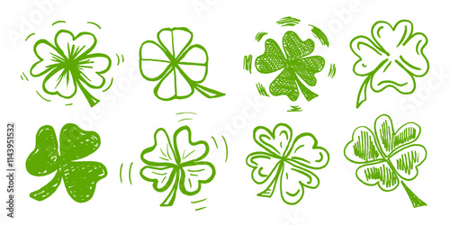 Lucky four, three clover shamrock leaf icon hand drawn style vector illustration set. Irish celtic St Patrick Day logo shamrock clover leaf symbol collection. Luck and happiness floral Irish ornament.