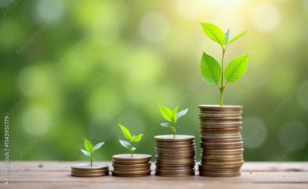 A young plant sprouts from a stack of golden coins, representing financial growth and investment. A young plant sprouts from a stack of golden coins, representing financial growth and investment.