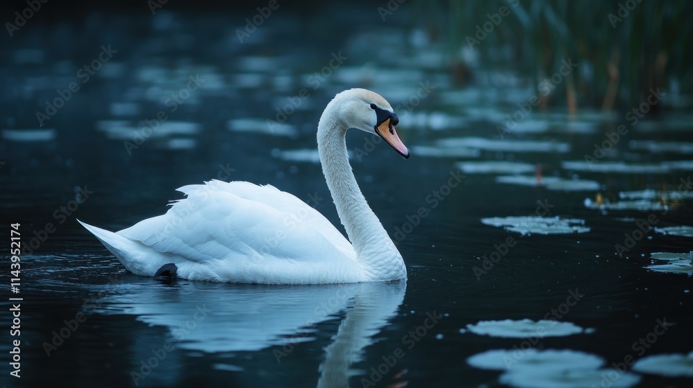 Fototapeta premium Elegant white swan gracefully gliding on calm dark water, surrounded by lily pads.