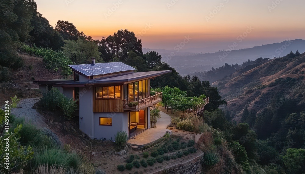 Obraz premium Tranquil Mountain Home at Sunset A Sustainable Escape
