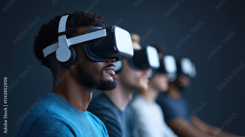 Immersive virtual reality experience with diverse individuals wearing headsets. Engaging in technology and digital interaction, showcasing modern advancements in entertainment Immersive virtual reality experience with diverse individuals wearing headsets. Engaging in technology and digital interaction, showcasing modern advancements in entertainment
