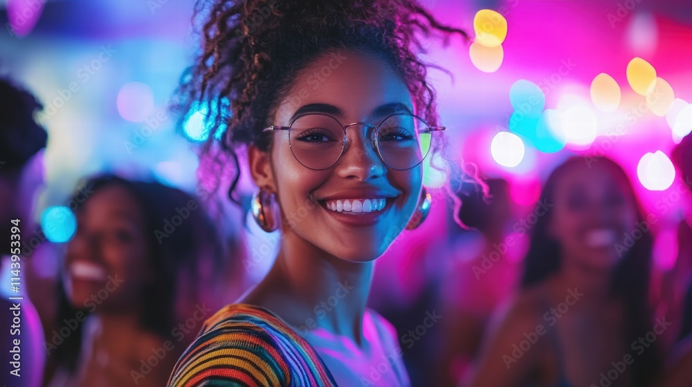 A group of friends enjoying live music at a concert, dancing and smiling under the colorful lights. A group of friends enjoying live music at a concert, dancing and smiling under the colorful lights.