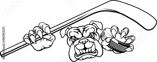 Photography A bulldog ice hockey player animal sports mascot holding a hockey stick and puck