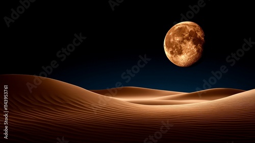 Desert Moonrise: A majestic, amber-hued full moon hangs low in the inky night sky above rolling sand dunes, casting a warm, ethereal glow across the desert landscape.  photo