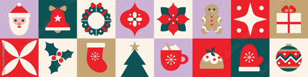 Fototapeta premium Merry Christmas long horizontal banner. Vector illustration, simple flat trendy modern design elements for greeting banner, poster, card. 