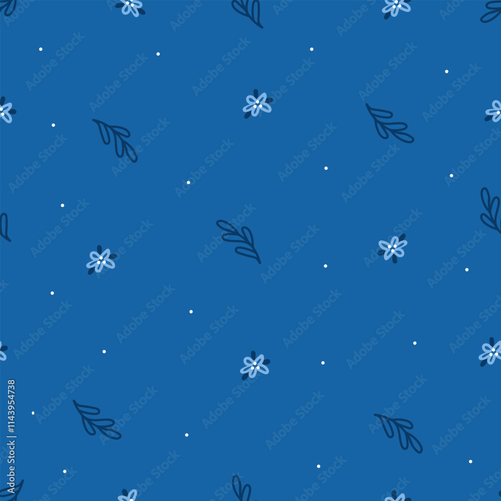 Fototapeta premium Elegant simple seamless pattern featuring delicate white floral designs with leaves over a dark blue background, perfect for fabric, wallpaper, or print