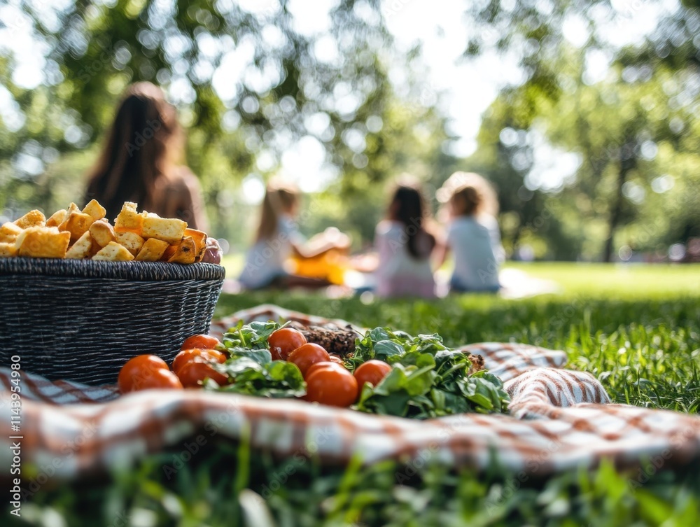 A family picnic in a park with a blanket, homemade food, and children playing nearby, relaxing