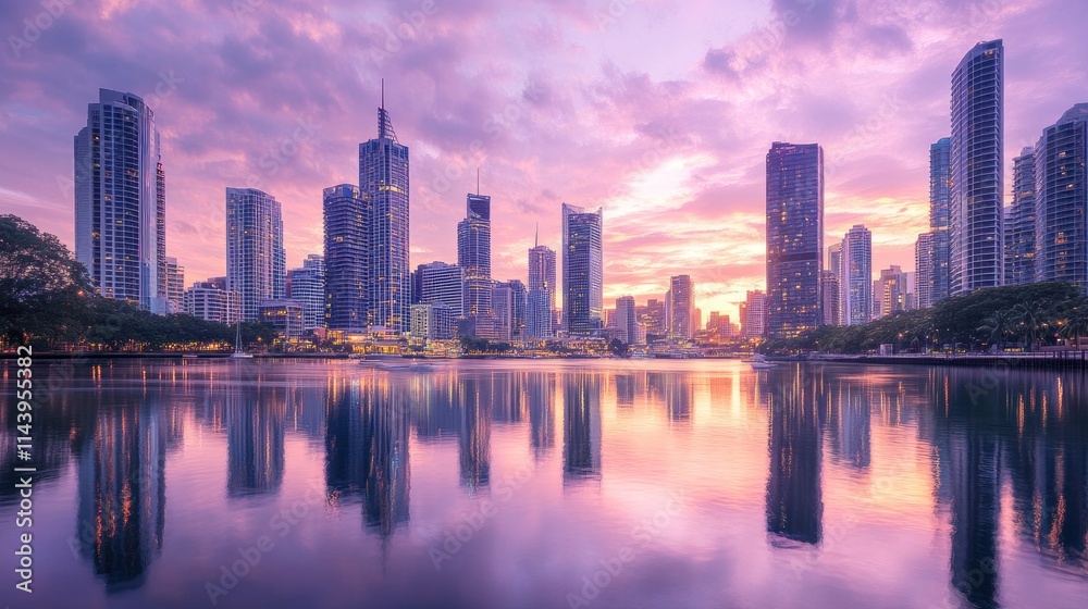 Stunning cityscape reflected in calm water at sunset. Stunning cityscape reflected in calm water at sunset.