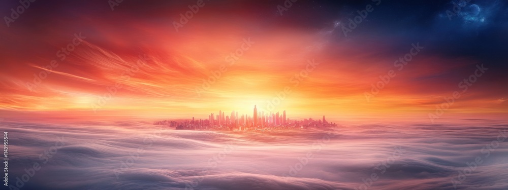 Naklejka premium Majestic Sunrise Over a Distant City Surrounded by Dreamy Clouds and Vibrant Colors in a Stunning Horizon View for Inspirational Imagery