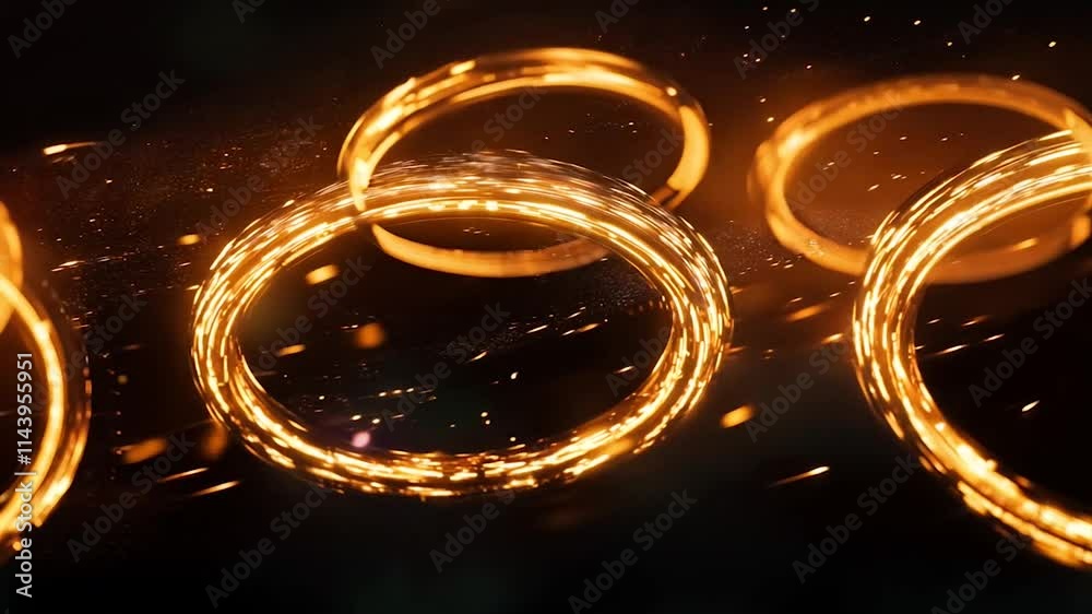 An abstract composition of glowing golden rings with sparkling details, set against a dark background, evoking energy and motion An abstract composition of glowing golden rings with sparkling details, set against a dark background, evoking energy and motion