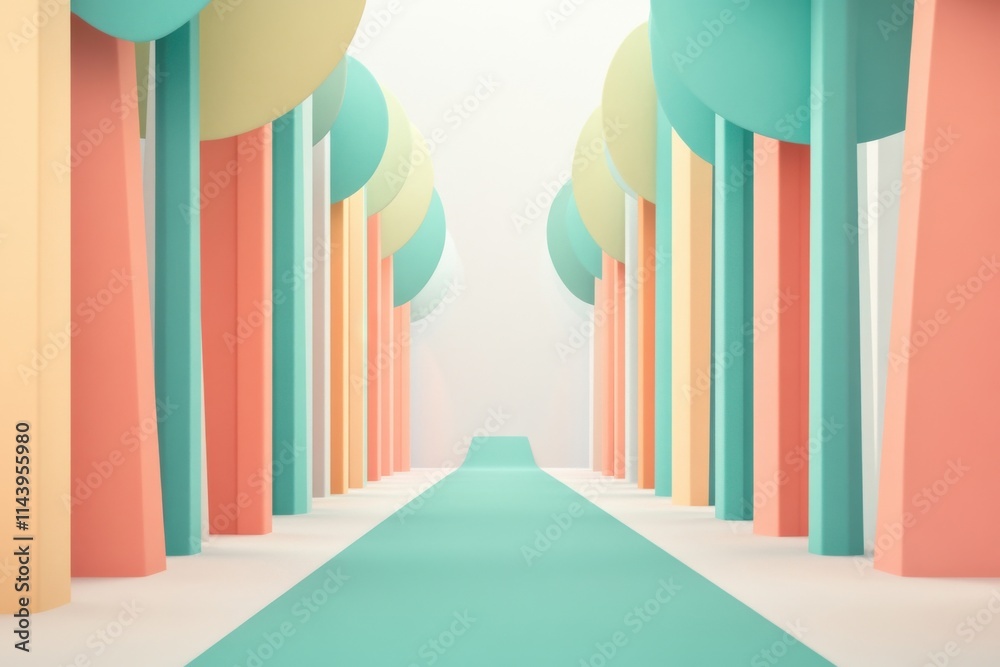 Serene Abstract Pathway Surrounded by Stylized Trees in Soft Pastel Colors, Inviting Exploration and Imagination in a Tranquil Environment