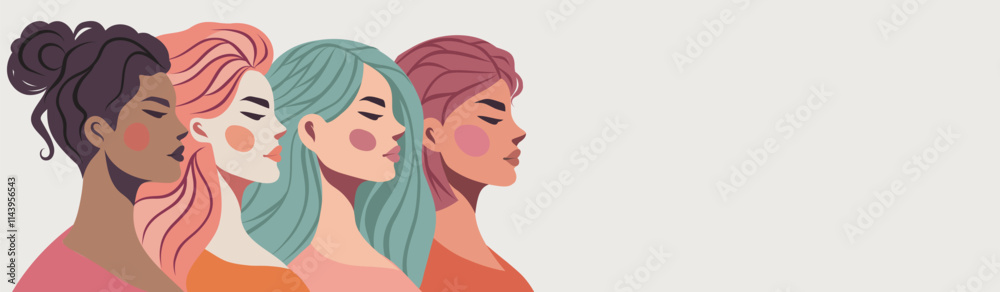 Vector banner with space for text different women stand together. Strong women sign of feminism, freedom, equality and protection of women's rights. Postcard for the holiday Women's Day Vector banner with space for text different women stand together. Strong women sign of feminism, freedom, equality and protection of women's rights. Postcard for the holiday Women's Day