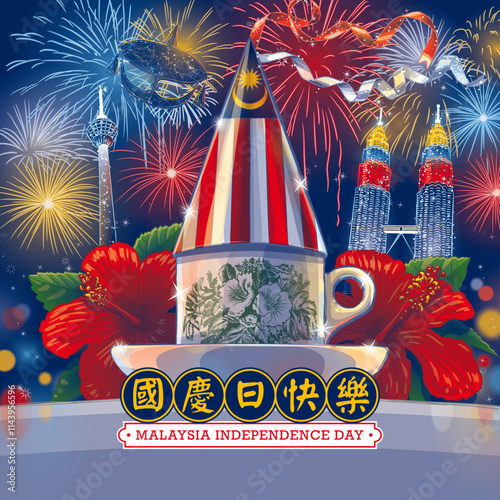 Photography Kuala Lumpur, Malaysia - August 31th 2023 - Nanyang Kopitiam Malaysia Independence Day Creative Illustration, Nanyang Coffee Cup With A Malaysia Flag