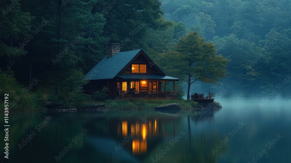 Obraz premium A peaceful cabin by a lake, surrounded by trees, with soft light coming from the windows and the sound of nature all around.