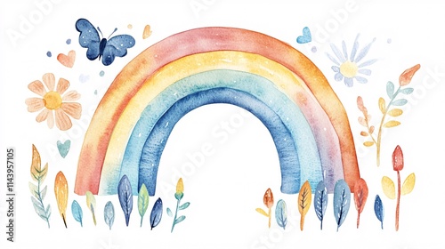 A vibrant watercolor illustration of a rainbow with flowers and a butterfly, creating a cheerful and playful scene.