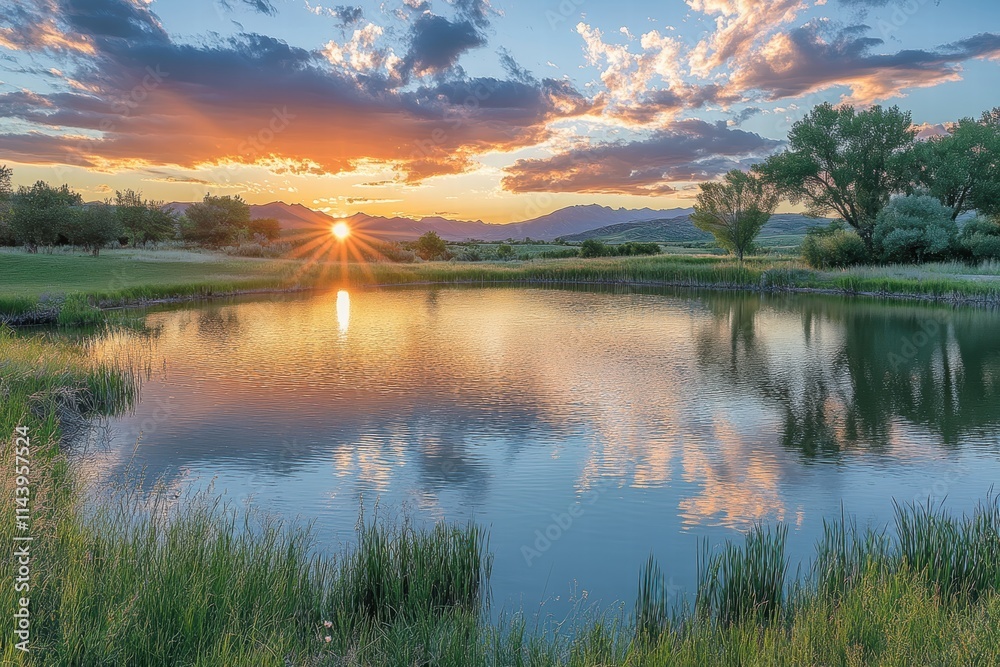 A peaceful lake reflecting the warm colors of the setting sun, with still waters and distant mountains. A peaceful lake reflecting the warm colors of the setting sun, with still waters and distant mountains.