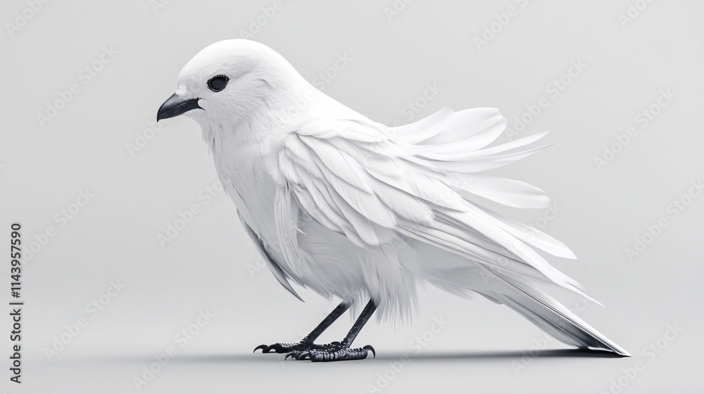 Fototapeta premium A beautiful white bird with elegant plumage, showcasing intricate feather details against a soft gray background.