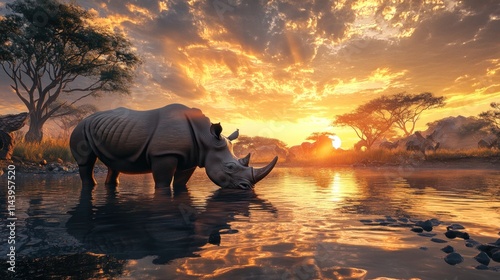 White rhino drinking at sunset in African savanna.
