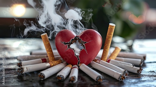 Cigarettes arranged around a broken heart, symbolizing the health risks of smoking