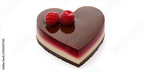 Verführerisches Herzstück Schokoladentorte mit Cremefüllung und frischer Himbeerdeko. Romantisches Dessert für besondere Anlässe