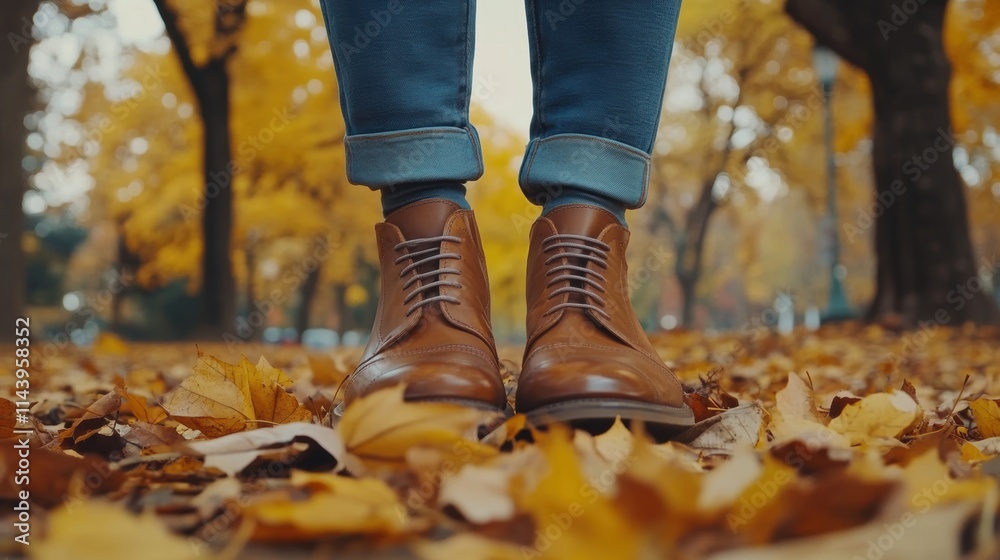 Stylish Brown Boots on Autumn Leaves in a Serene Park Setting Stylish Brown Boots on Autumn Leaves in a Serene Park Setting