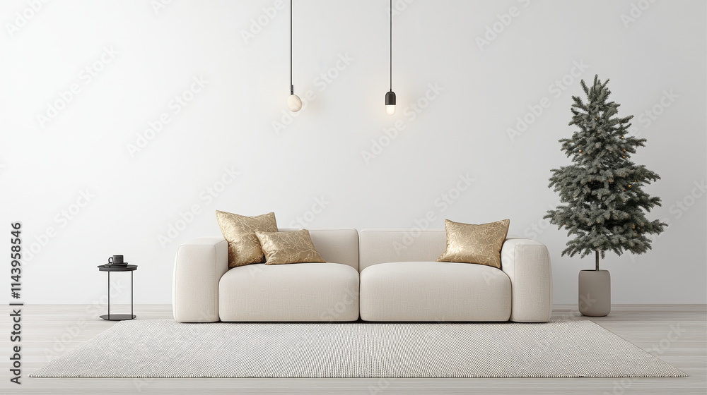 A modern living room featuring stylish white sofa adorned with gold cushions, complemented by minimalist coffee table and decorative tree, creating serene atmosphere A modern living room featuring stylish white sofa adorned with gold cushions, complemented by minimalist coffee table and decorative tree, creating serene atmosphere