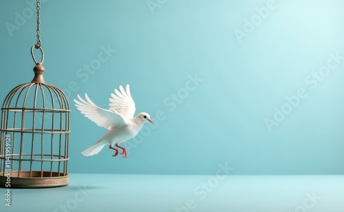 A white dove takes flight from a broken birdcage, symbolizing freedom and liberation.
