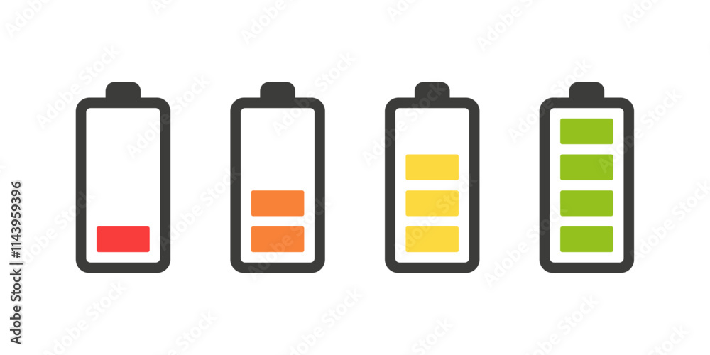 Set of battery charge level icon vecor illustration. Low and fully charge Set of battery charge level icon vecor illustration. Low and fully charge
