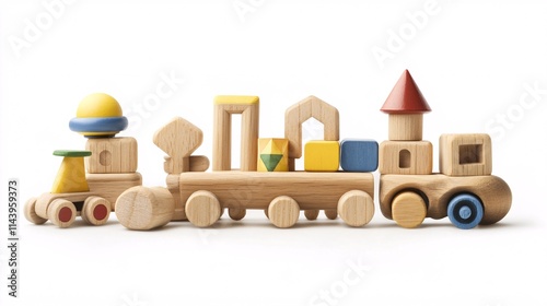 A colorful wooden toy train featuring various geometric shapes, perfect for imaginative play in a child's nursery.