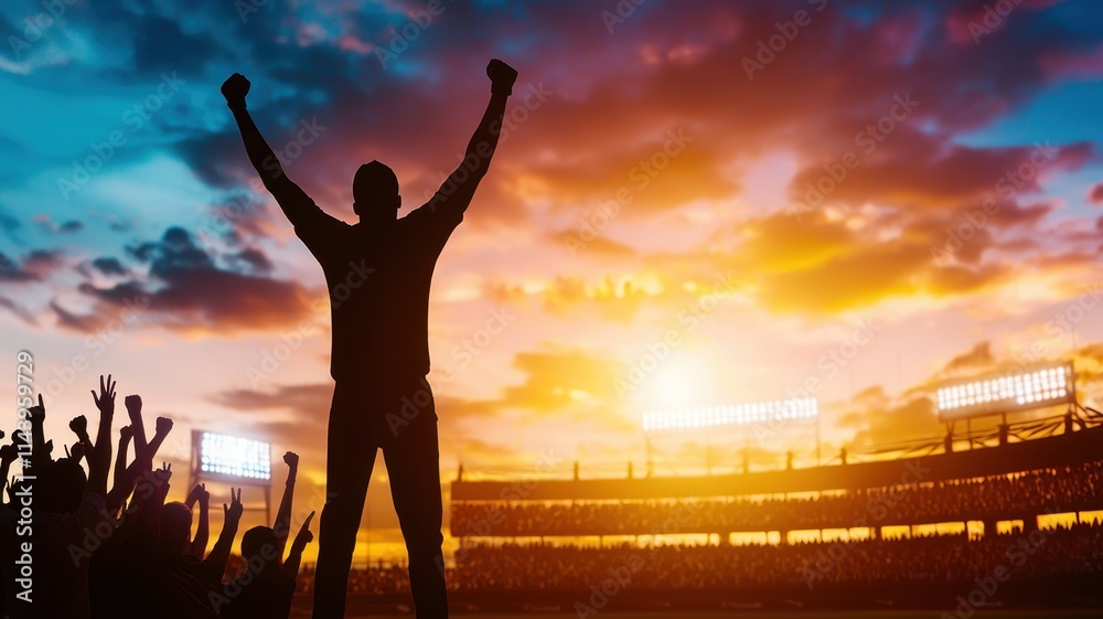 Fototapeta premium A silhouetted figure celebrates triumphantly against a dramatic sunset, with cheering crowds and stadium lights in the background, capturing the essence of sports victory.