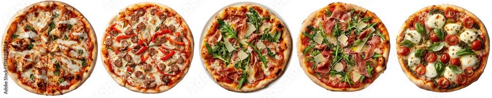 Assorted Pizza Varieties Displayed on White Background with Toppings such as Meat, Vegetables, and Cheese