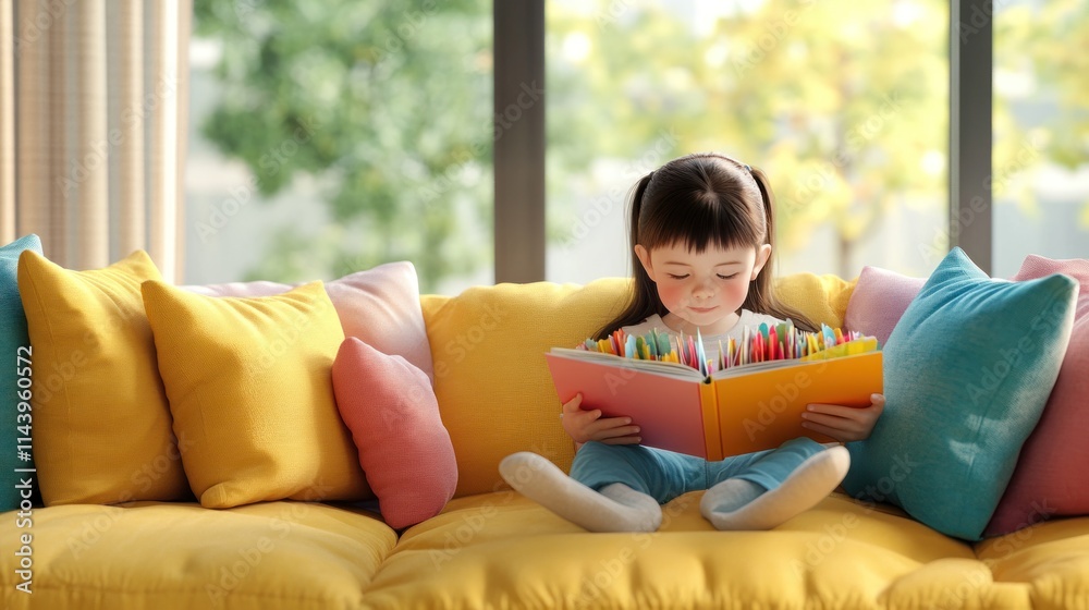 Little girl engrossed in a colorful book on a yellow couch.