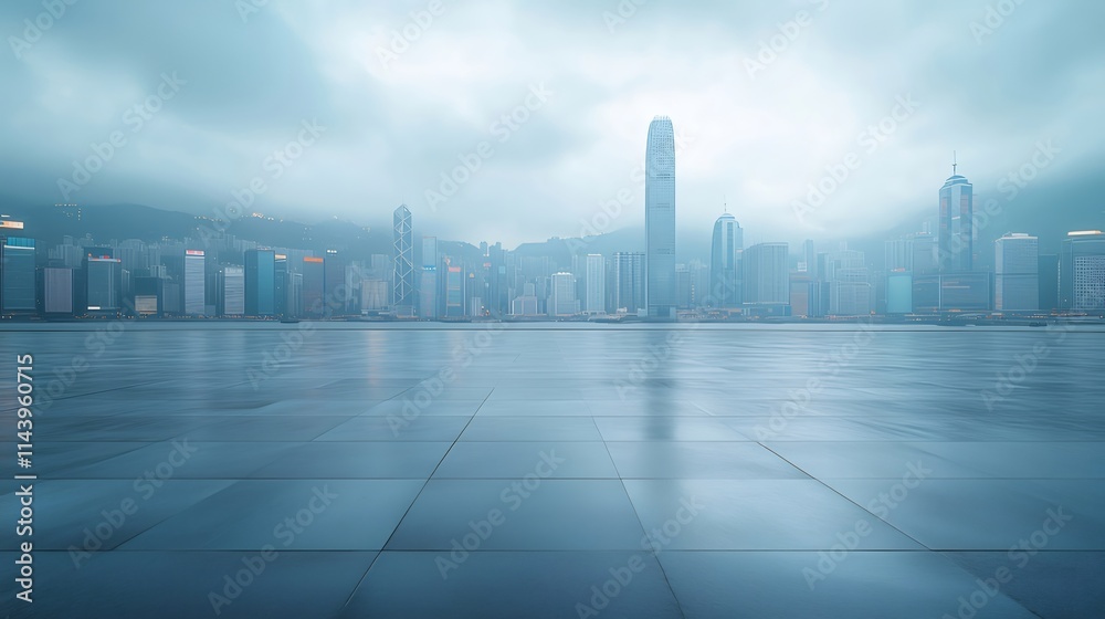 Empty plaza overlooking misty city skyline. Empty plaza overlooking misty city skyline.