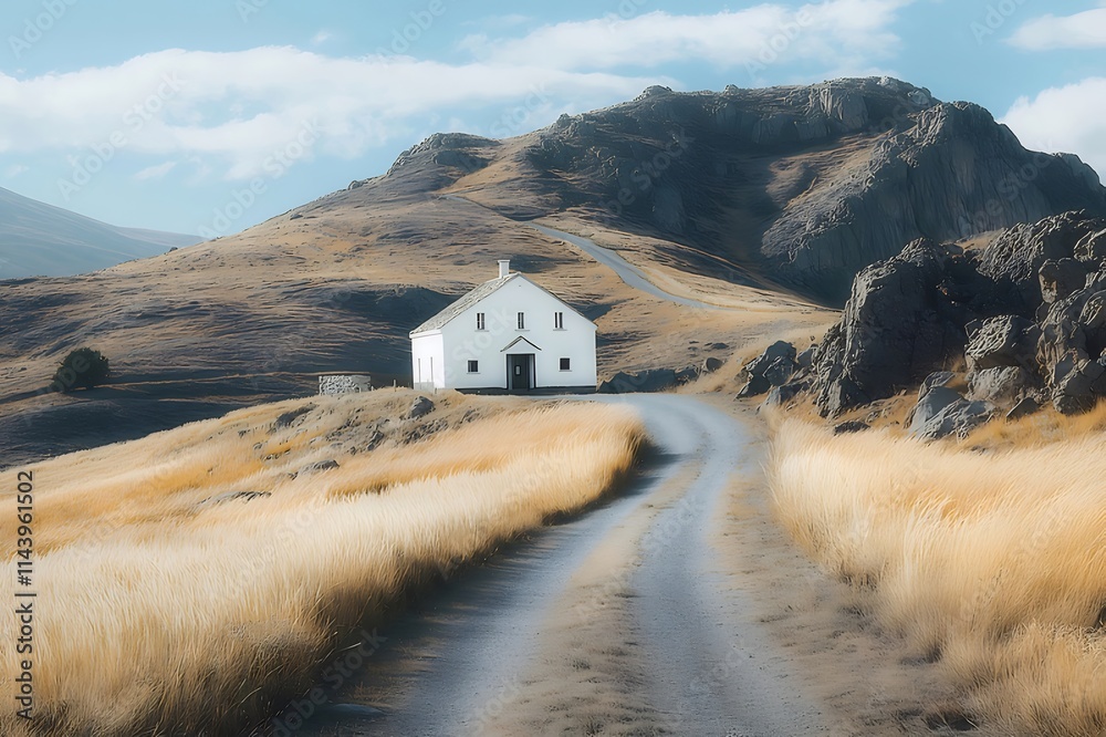White house on a hilltop with a winding road. White house on a hilltop with a winding road.