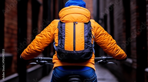 Urban Cycling Adventure: A cyclist, clad in a vibrant orange jacket and carrying a sleek backpack, prepares for an urban cycling adventure down a narrow alleyway. photo