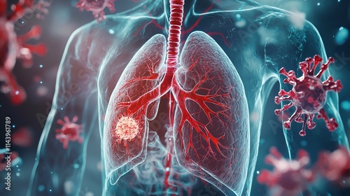 Illustration of lungs with highlighted tumor and virus particles, symbolizing lung cancer detection.