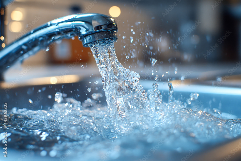 Fresh, clean water is cascading from a modern faucet into a stainless steel sink, creating dynamic splashes and waves Fresh, clean water is cascading from a modern faucet into a stainless steel sink, creating dynamic splashes and waves