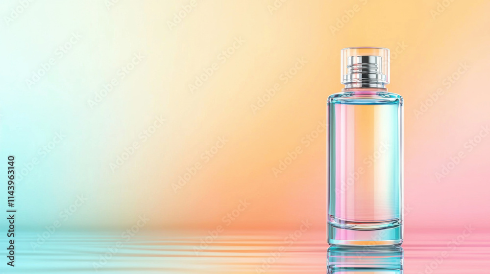 Elegant glass bottle of luxury perfume with colorful gradient background