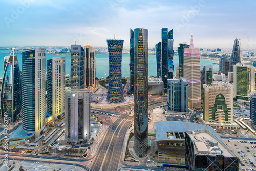 Aerial View of west bay area Doha City. Business and financial hub of Qatar  photo