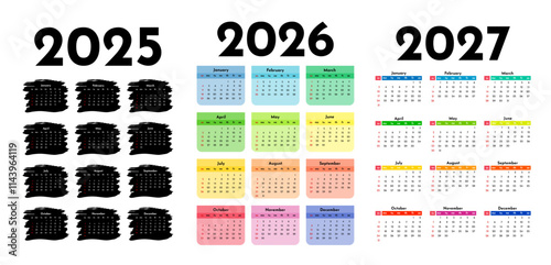 Set of calendars for 2025, 2026 and 2027 on a white background